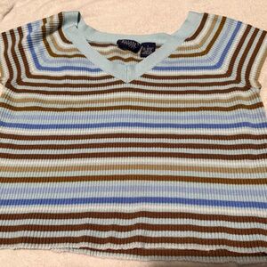 Hillard & Hanson Blue and Brown Striped Short Sleeve Top